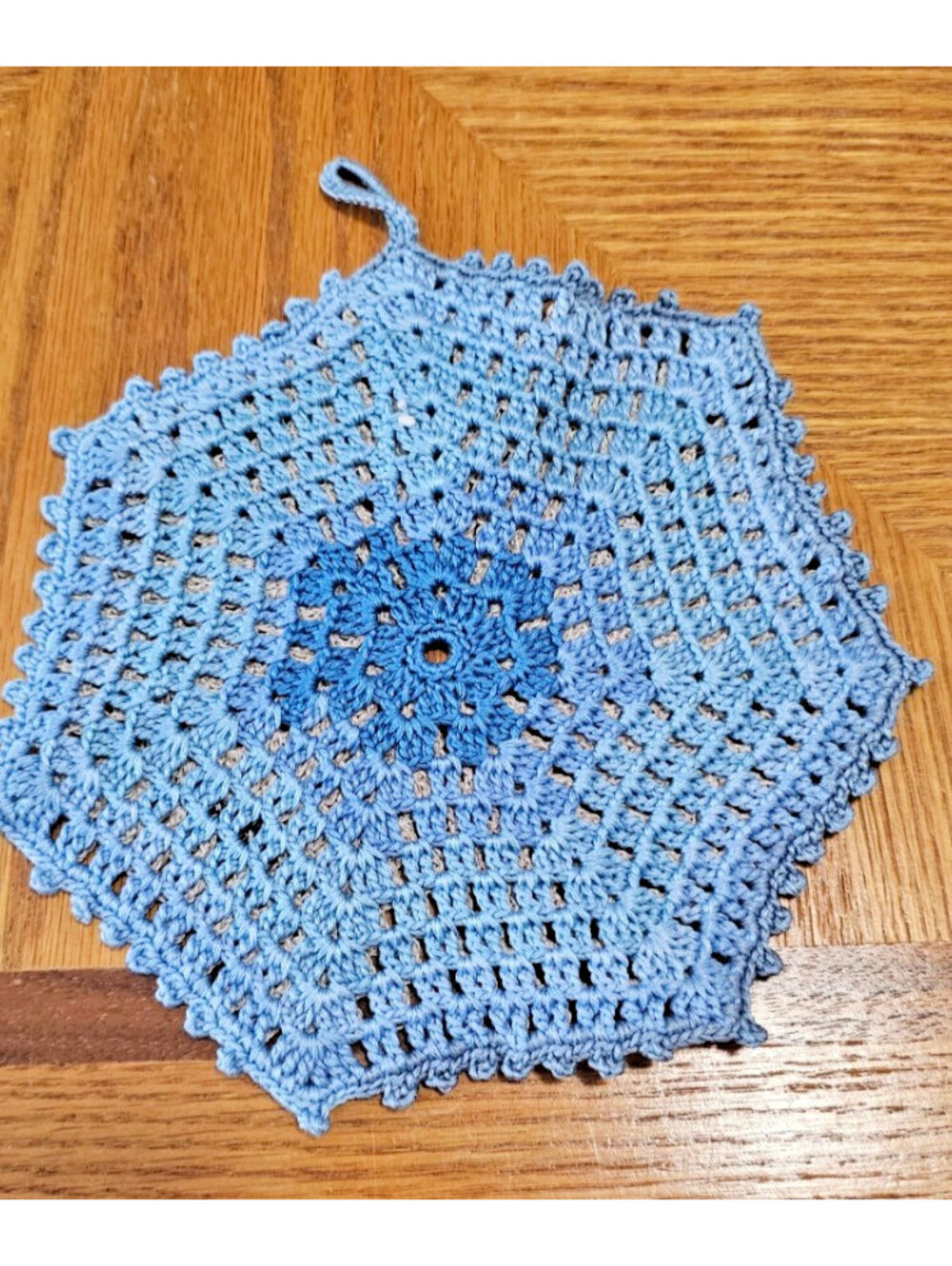Vintage Handmade Crocheted Multicolor-blues Hexagonal Hot Pad 6"
